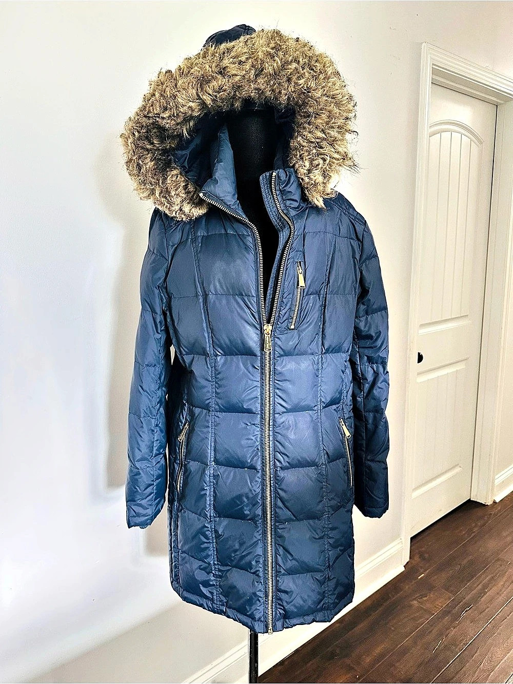 Michael Kors Faux Fur Trim Hooded Down Puffer Coat Blue
